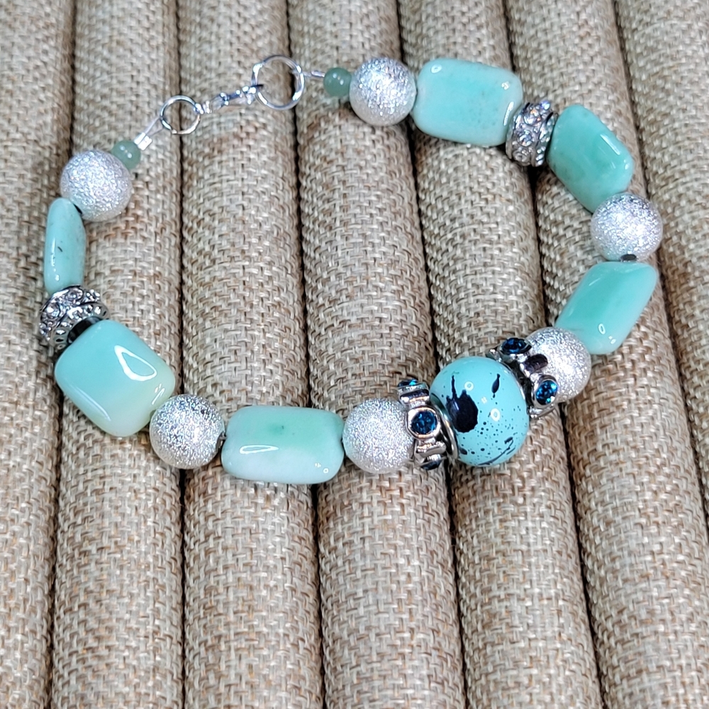 Handmade Mint Green Ceramic Bracelet with Rhinestones & Silver Stardust Beads